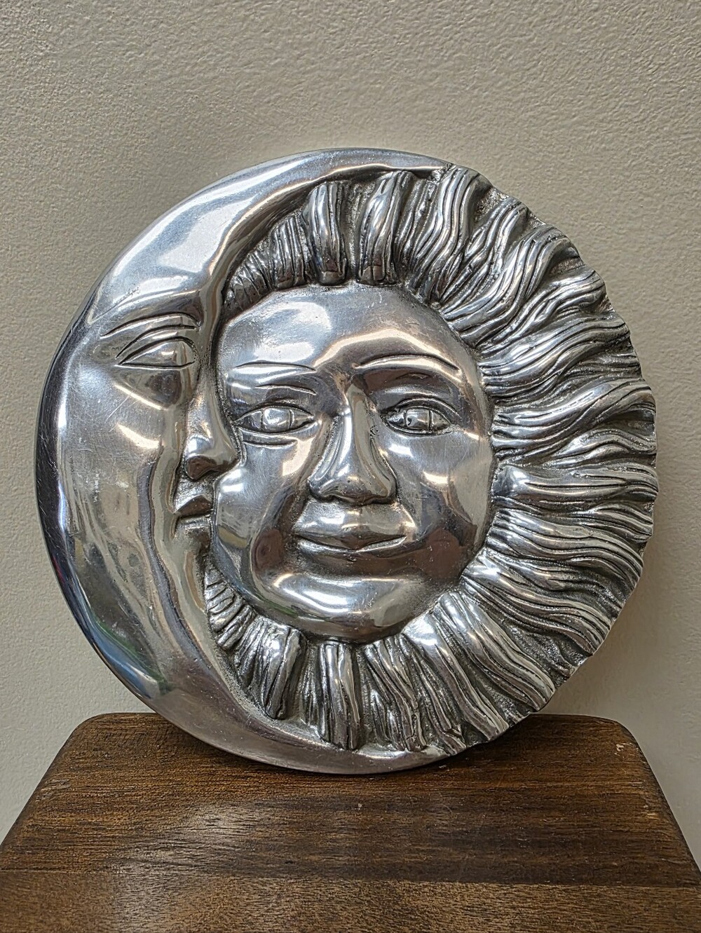Vintage Pewter Silver-Toned Celestial Sun and Moon Sculpture